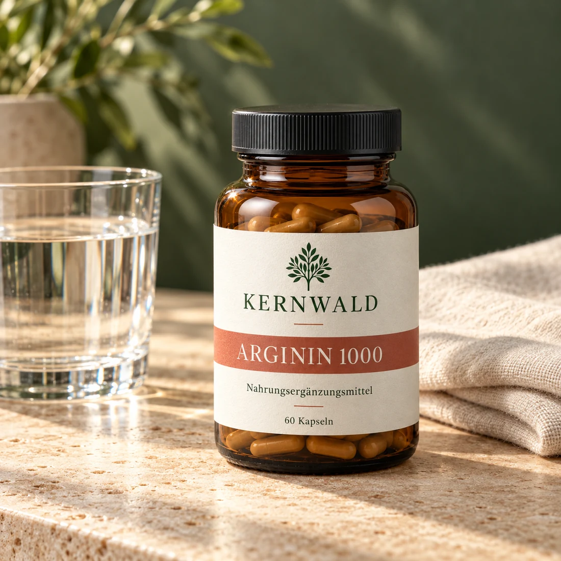 KERNWALD Arginin 1000 mit Wasserglas und gefaltetem Leinen