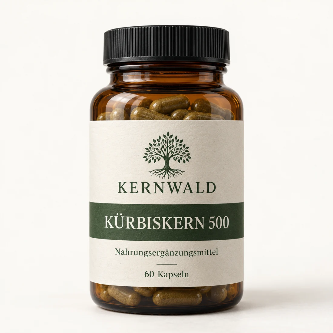 KERNWALD Kürbiskern 500, bernsteinfarbene Glasdose mit 60 Kapseln