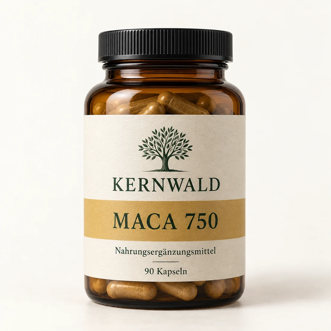 KERNWALD Maca 750, bernsteinfarbene Glasdose mit 90 Kapseln