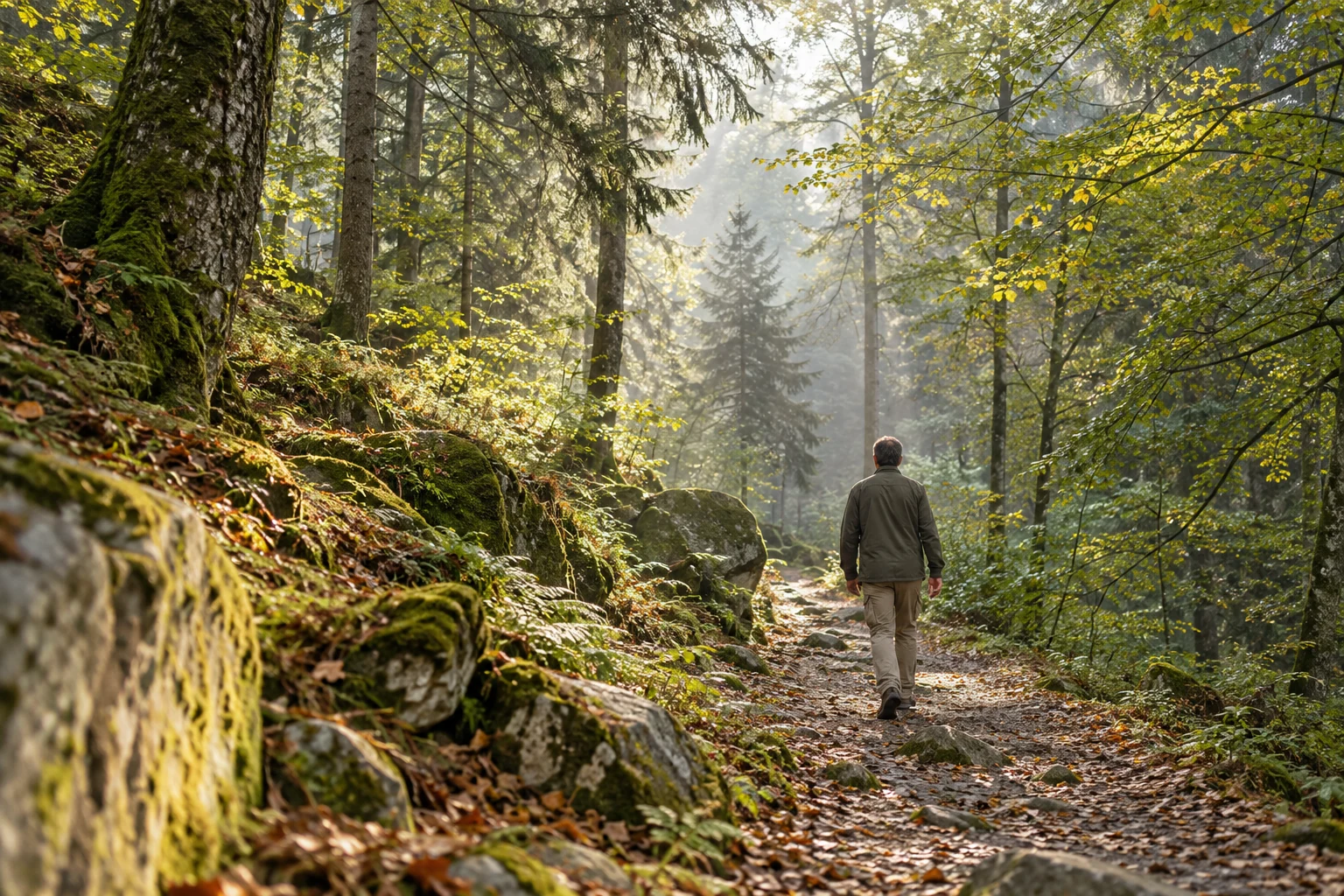 Ein erwachsener Mann geht auf einem ruhigen Waldweg