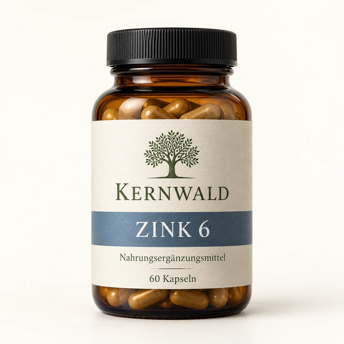 KERNWALD Zink 6, bernsteinfarbene Glasdose mit 60 Kapseln